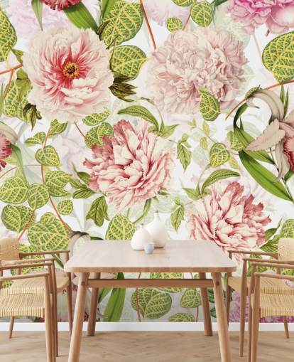Pink Rose, Orchids and Green Leaves Wallpaper