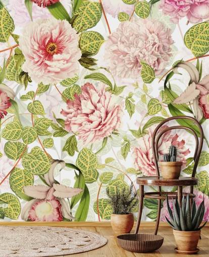 Papier Peint Roses, Orchidées et Feuilles Vertes