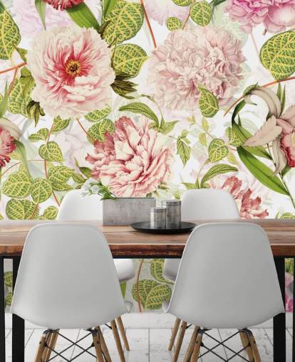 Papel Pintado Rosa, Orquídeas y Hojas Verdes