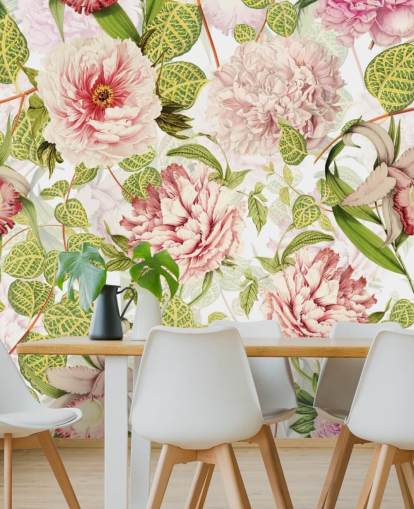 Roze roos, orchideeën en groene bladeren behang Roze roos, orchideeën en groene bladeren behang