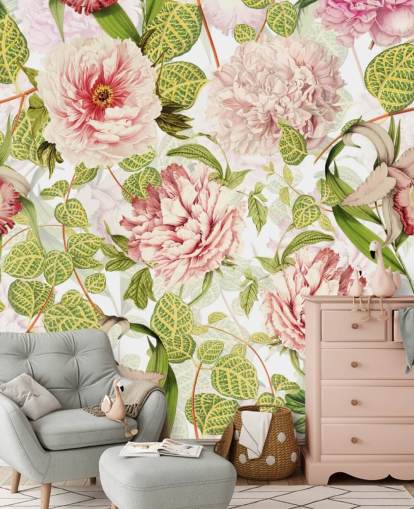 Papel Pintado Rosa, Orquídeas y Hojas Verdes