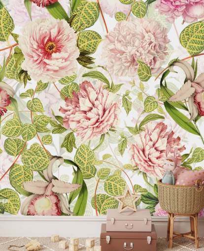 Roze roos, orchideeën en groene bladeren behang