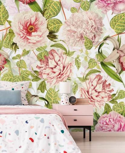 Papel Pintado Rosa, Orquídeas y Hojas Verdes Papel Pintado Rosa, Orquídeas y Hojas Verdes