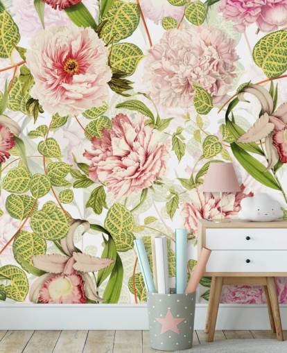 Carta da parati con rose rosa, orchidee e foglie verdi