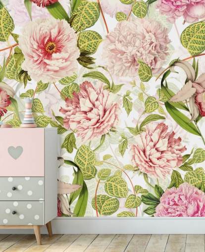 Papel de Parede Rosa, Orquídeas e Folhas Verdes Papel de Parede Rosa, Orquídeas e Folhas Verdes