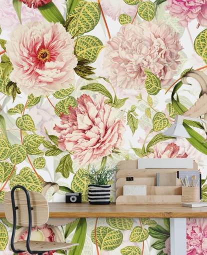 Pink Rose, Orchids and Green Leaves Wallpaper