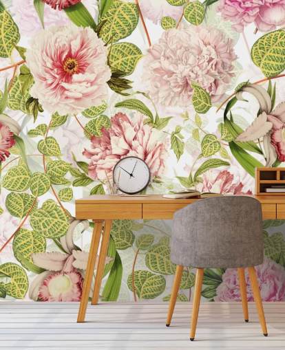 Papier Peint Roses, Orchidées et Feuilles Vertes