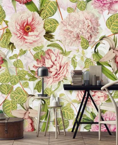 Carta da parati con rose rosa, orchidee e foglie verdi