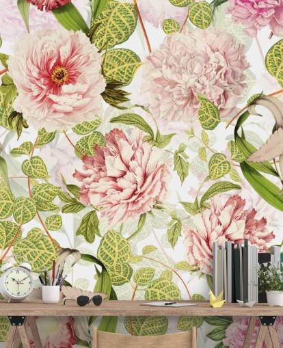 Pink Rose, Orchids and Green Leaves Wallpaper