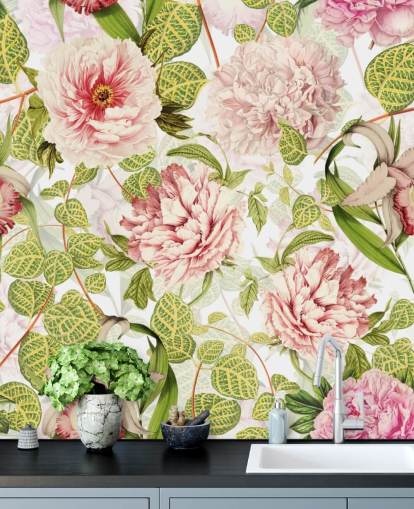 Pink Rose, Orchids and Green Leaves Wallpaper Pink Rose, Orchids and Green Leaves Wallpaper