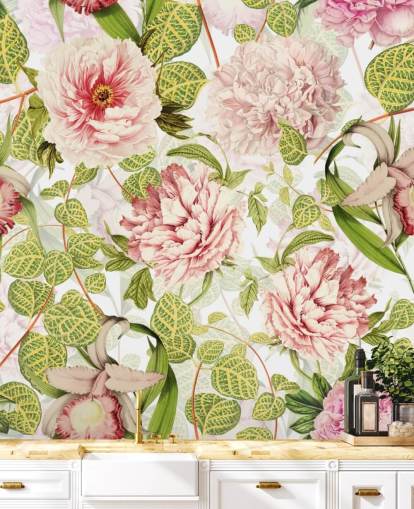 Papier Peint Roses, Orchidées et Feuilles Vertes