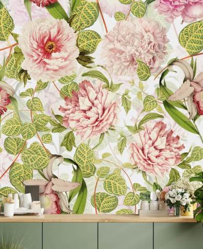 Carta da parati con rose rosa, orchidee e foglie verdi Carta da parati con rose rosa, orchidee e foglie verdi