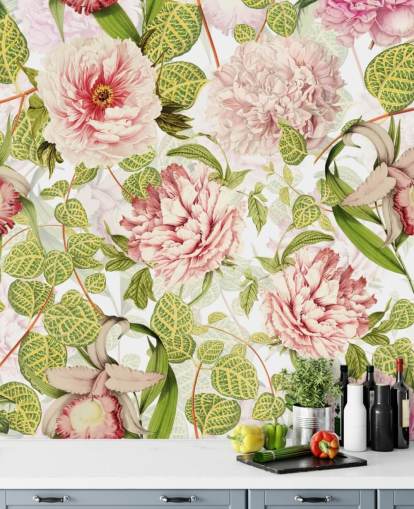 Papel Pintado Rosa, Orquídeas y Hojas Verdes Papel Pintado Rosa, Orquídeas y Hojas Verdes