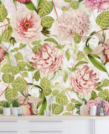 Papier Peint Roses, Orchidées et Feuilles Vertes Papier Peint Roses, Orchidées et Feuilles Vertes