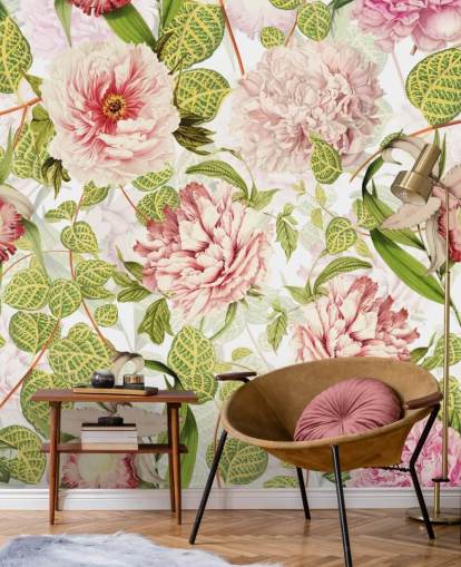 Carta da parati con rose rosa, orchidee e foglie verdi