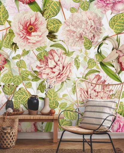 Roze roos, orchideeën en groene bladeren behang