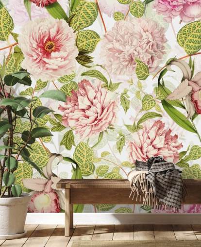 Papier Peint Roses, Orchidées et Feuilles Vertes Papier Peint Roses, Orchidées et Feuilles Vertes