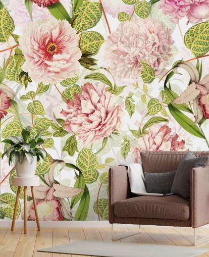 Papel de Parede Rosa, Orquídeas e Folhas Verdes