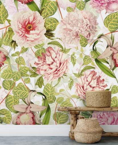 Carta da parati con rose rosa, orchidee e foglie verdi Carta da parati con rose rosa, orchidee e foglie verdi