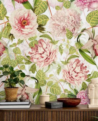 Papier Peint Roses, Orchidées et Feuilles Vertes Papier Peint Roses, Orchidées et Feuilles Vertes