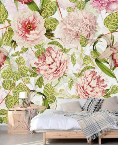 Papier Peint Roses, Orchidées et Feuilles Vertes Papier Peint Roses, Orchidées et Feuilles Vertes