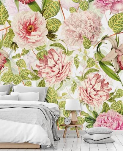 Papier Peint Roses, Orchidées et Feuilles Vertes Papier Peint Roses, Orchidées et Feuilles Vertes