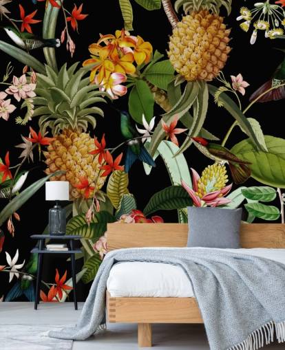 Carta da parati scura con ananas, uccelli e fiori