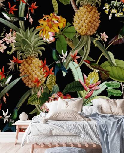 Ananas, vogels en bloemen donker behang Ananas, vogels en bloemen donker behang
