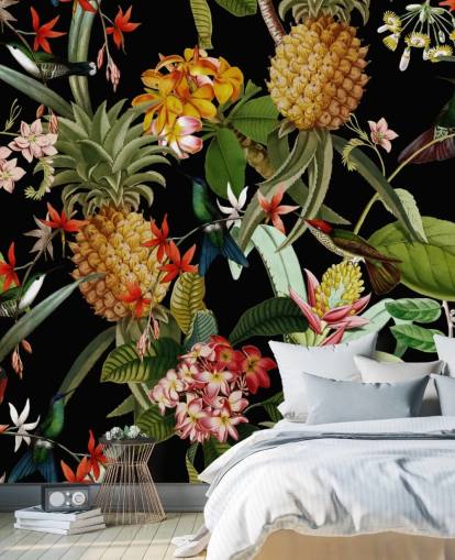 Papier peint foncé ananas, oiseaux et fleurs Papier peint foncé ananas, oiseaux et fleurs