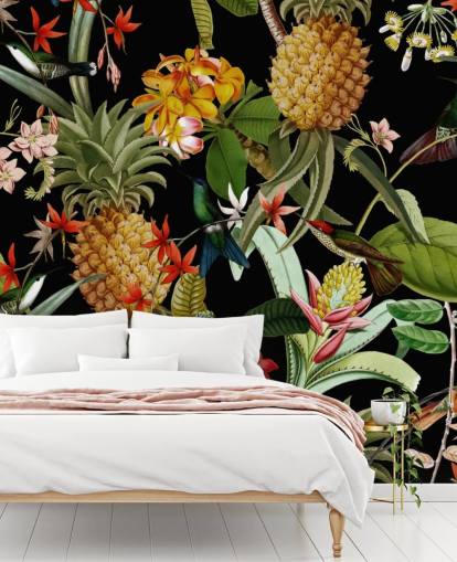 Ananas, Linnut ja kukat Tumma Taustakuva Ananas, Linnut ja kukat Tumma Taustakuva