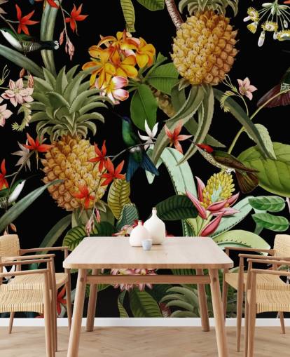 Ananas, fugler og blomster Mørk Bakgrunn