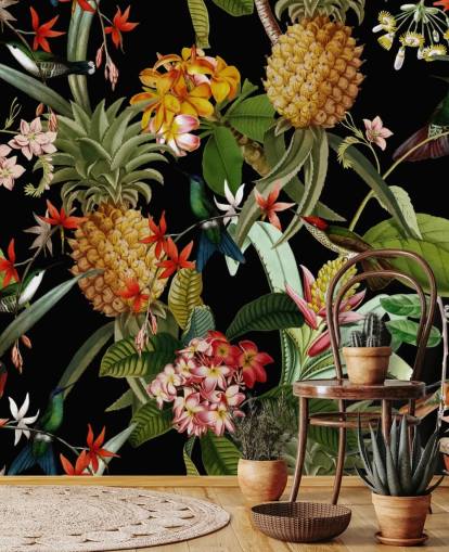 Carta da parati scura con ananas, uccelli e fiori