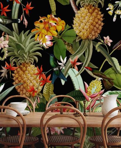 Papel pintado Piña, pájaros y flores oscuro Papel pintado Piña, pájaros y flores oscuro