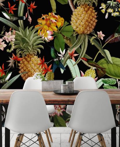 Carta da parati scura con ananas, uccelli e fiori