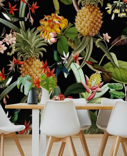 Ananas, Vögel und Blumen Dark Wallpaper