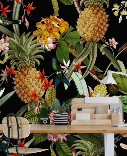 Papel de parede escuro de abacaxi, pássaros e flores
