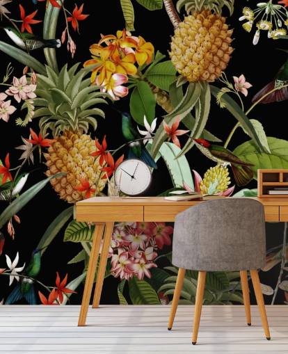 Carta da parati scura con ananas, uccelli e fiori Carta da parati scura con ananas, uccelli e fiori