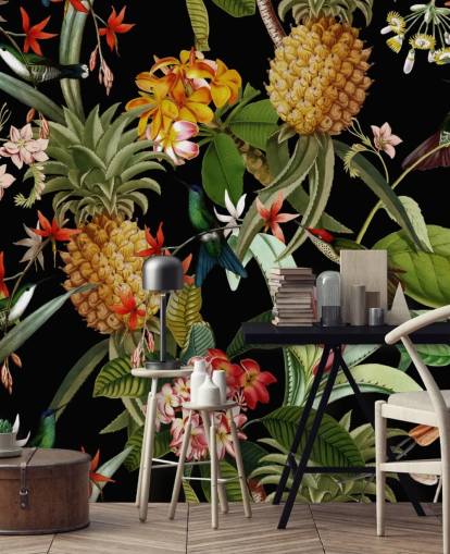 Papel de parede escuro de abacaxi, pássaros e flores
