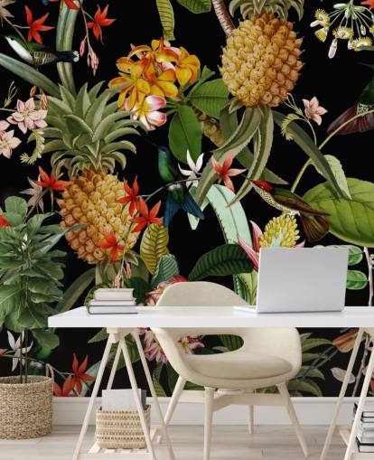 Papel pintado Piña, pájaros y flores oscuro