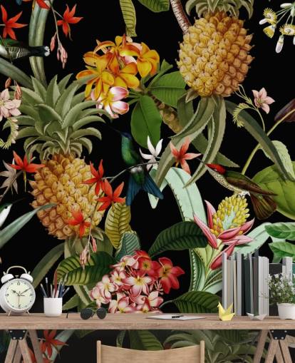 Papel pintado Piña, pájaros y flores oscuro Papel pintado Piña, pájaros y flores oscuro