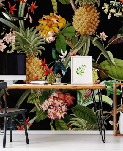 Papel de parede escuro de abacaxi, pássaros e flores