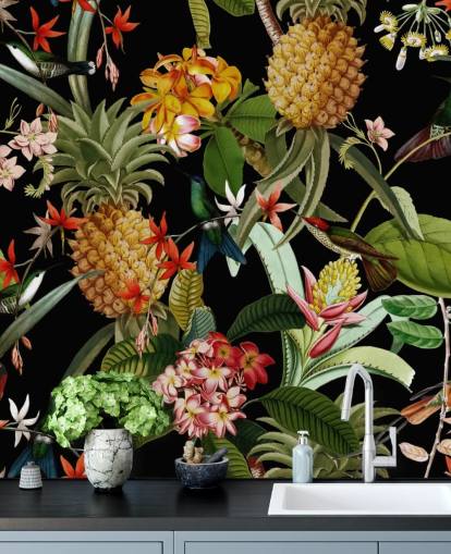 Ananas, Vögel und Blumen Dark Wallpaper