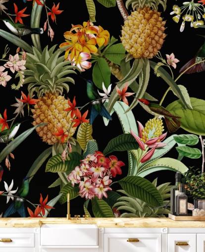 Ananas, vogels en bloemen donker behang