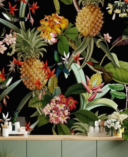 Papel de parede escuro de abacaxi, pássaros e flores