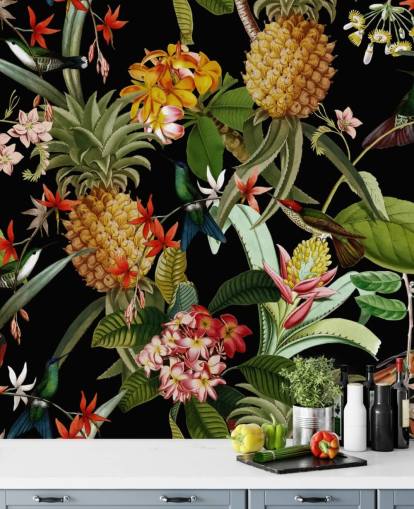 Ananas, Fugle og Blomster Mørk Baggrund Ananas, Fugle og Blomster Mørk Baggrund