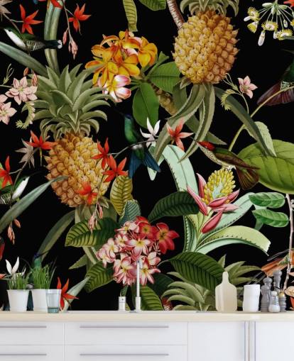 Ananas, Fugle og Blomster Mørk Baggrund Ananas, Fugle og Blomster Mørk Baggrund