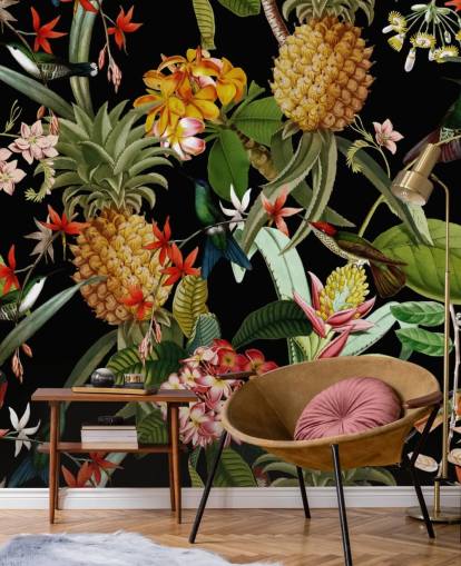 Carta da parati scura con ananas, uccelli e fiori