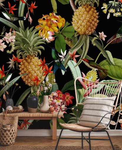 Papier peint foncé ananas, oiseaux et fleurs