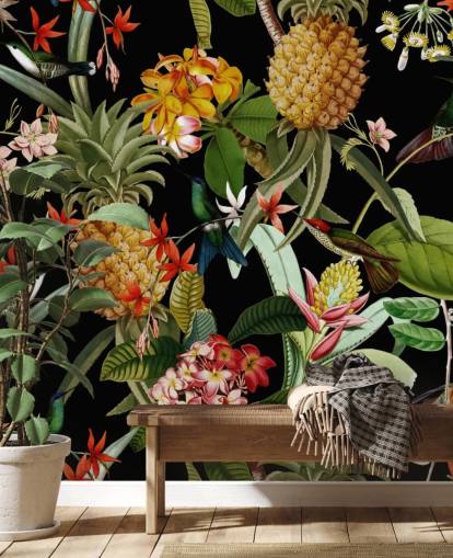 Carta da parati scura con ananas, uccelli e fiori