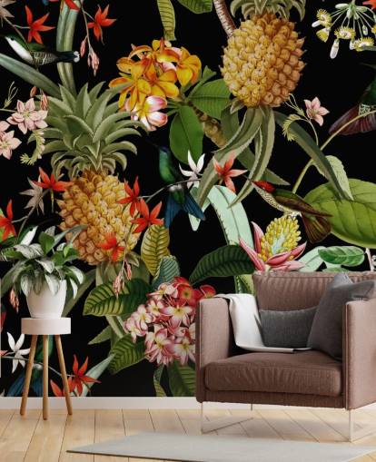 Ananas, fåglar och blommor mörk tapet